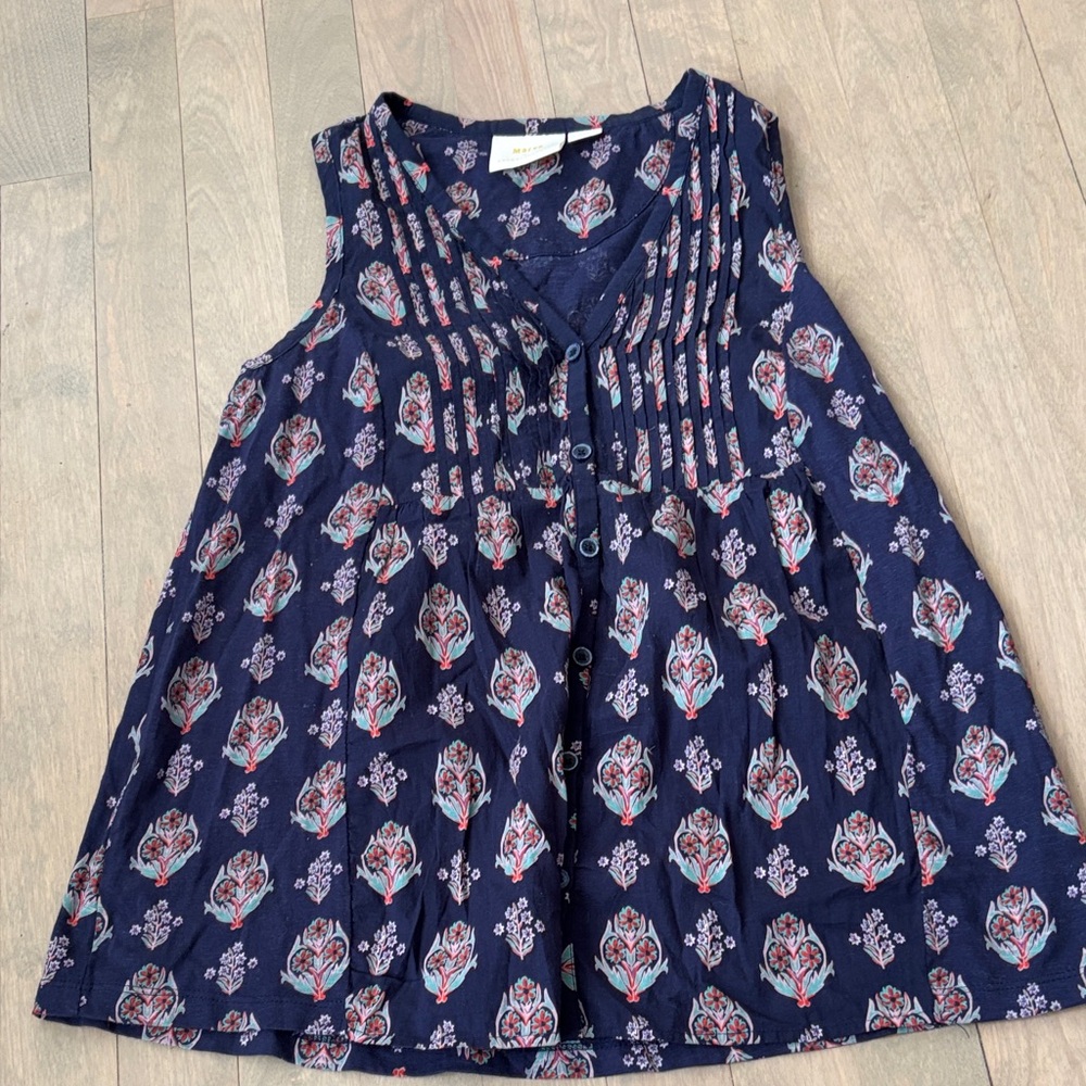Anthropologie Navy Floral Pintuck Sleeveless Tank